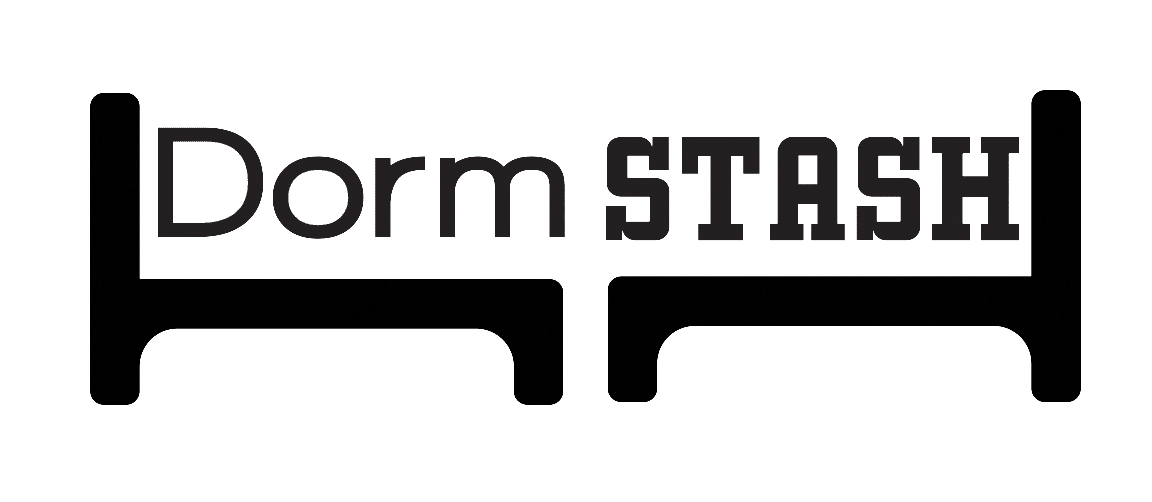 Black text logo spelling "Dorm STASH" with the first "o" resembling a power button.