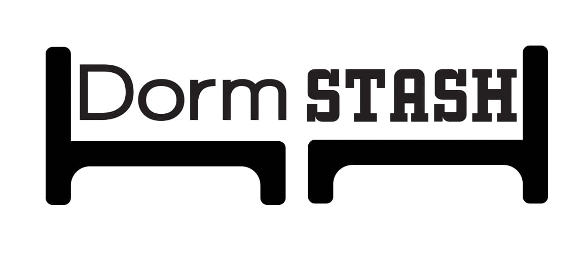 Logo featuring two black bed frames forming the letter "H" with the words "Dorm STASH" above.