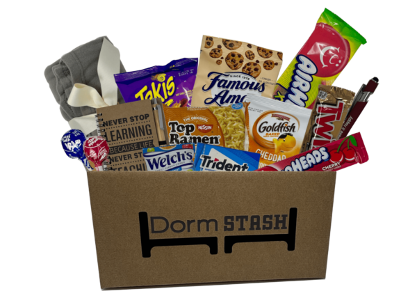 The "Care Package Quarterly" includes snacks such as Takis, Famous Amos cookies, Welch's fruit snacks, Top Ramen, Goldfish, Twix, other treats, and a pair of gray socks.