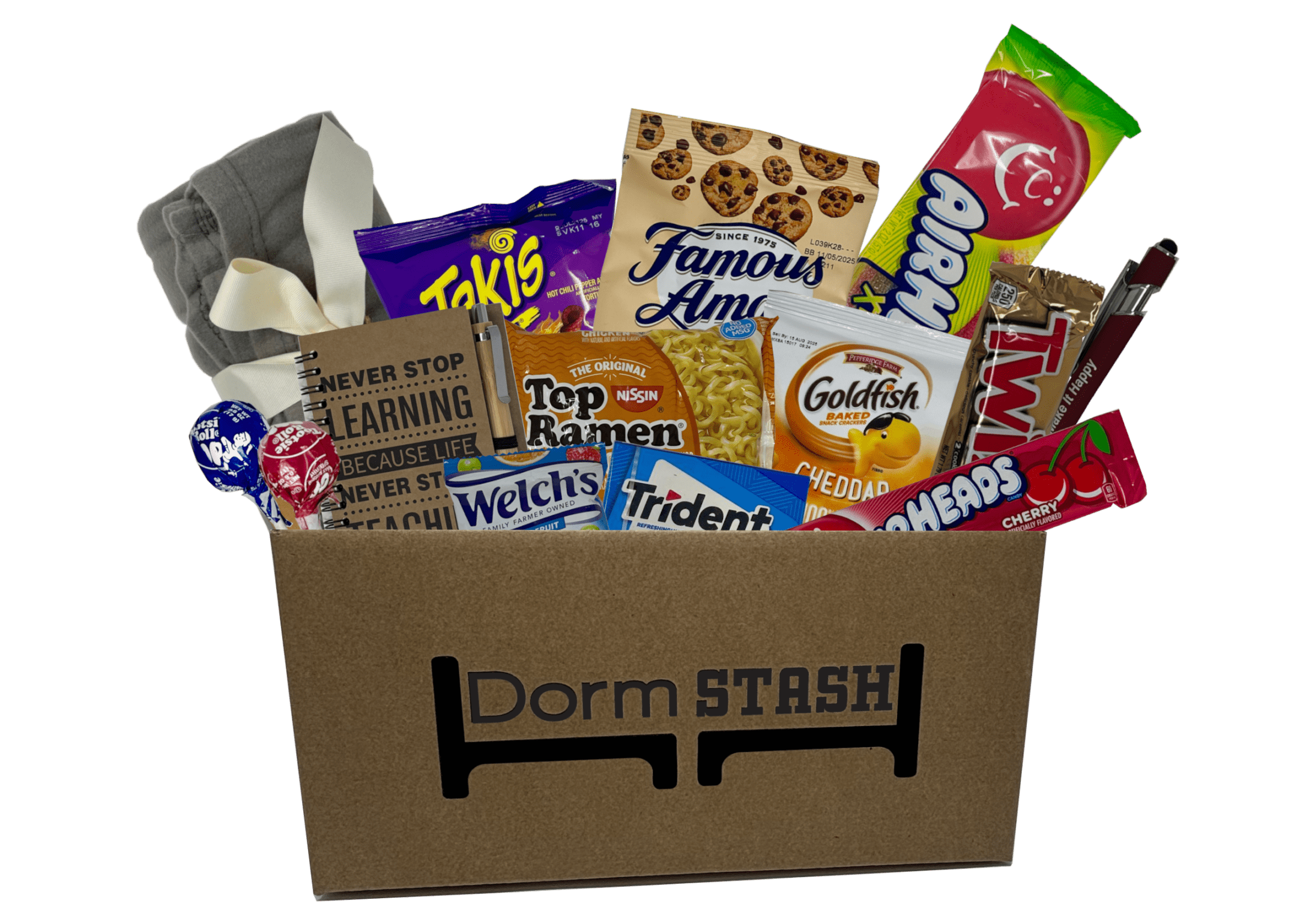 The "Care Package Quarterly" includes snacks such as Takis, Famous Amos cookies, Welch's fruit snacks, Top Ramen, Goldfish, Twix, other treats, and a pair of gray socks.