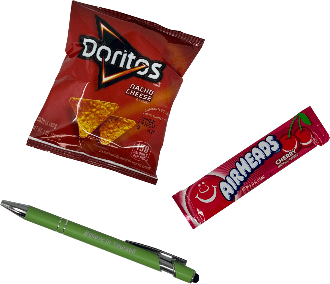 27 A bag of Nacho Cheese Doritos, a cherry Airheads candy, and a green pen with "Believe in Yourself" printed on it.