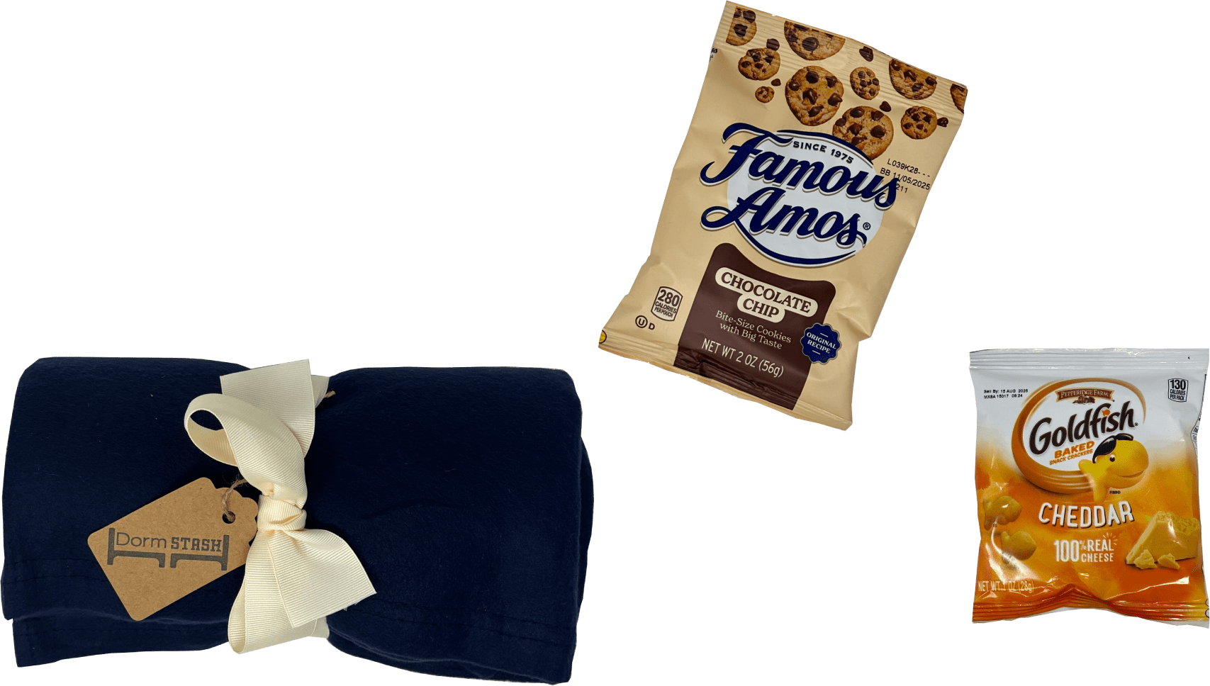 28 A navy blue blanket tied with a ribbon, a bag of Famous Amos chocolate chip cookies, and a pack of Goldfish cheddar crackers.